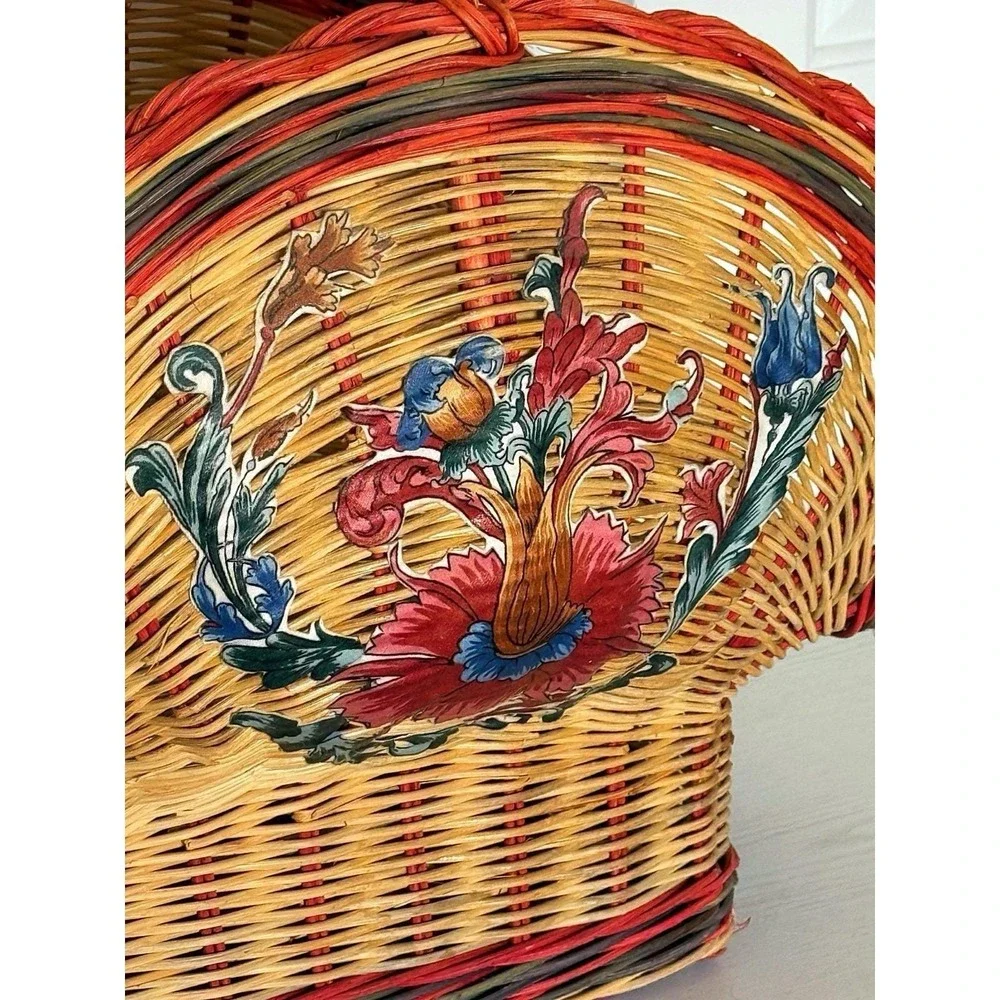 Vintage Fan Shaped Basket With Floral Design On The Front. Excellent Condition